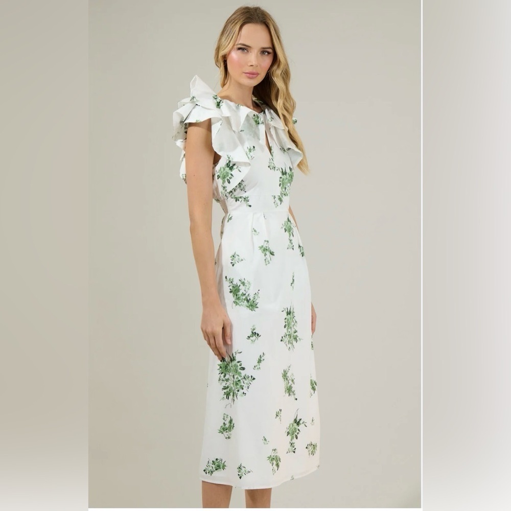 Sugarlips White and Green Floral Midi Dress - Picture 1 of 6